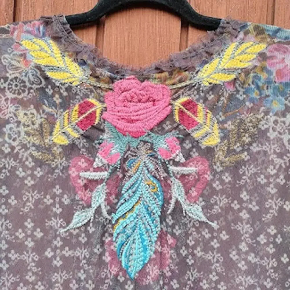 BIYA JOHNNY WAS | Embroidered Floral Sheer Mesh Long Sleeve Dress Knee Length S